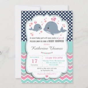 Walvis babyshower uitnodiging baby meisje roze pol