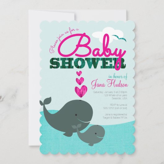Walvis babyshower uitnodiging - Meisje (Voorkant)