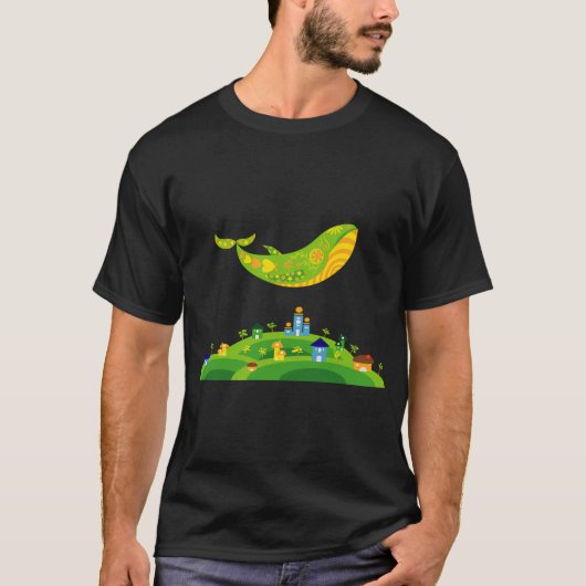 Walvis boven kleine stad t-shirt (Voorkant)