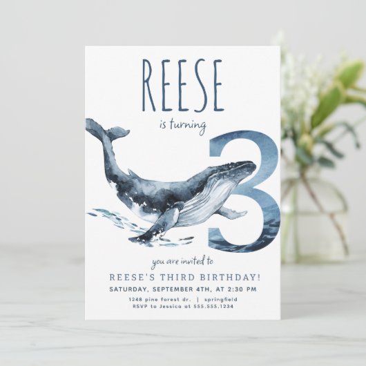 Walvis derde verjaardag uitnodiging (Staand voorkant)