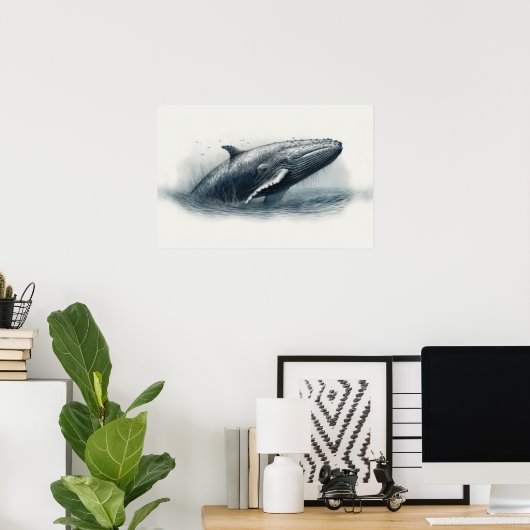 Walvis die uit de oceaan springt illustratie Klein Poster (Thuiskantoor)