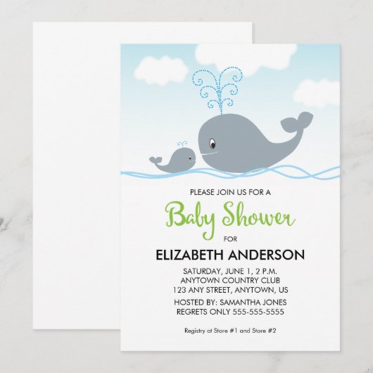 walvis en Baby walvis, uitnodiging tot Baby shower (Voorkant / Achterkant)