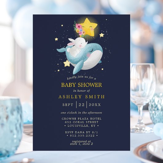Walvis en Bunny Navy Stars Baby shower Kaart