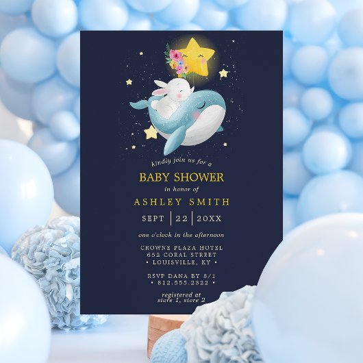 Walvis en Bunny Navy Stars Baby shower Kaart