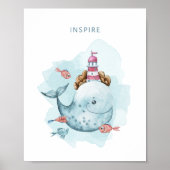 walvis en vuurtoren Magische Waterverf Poster (Voorkant)