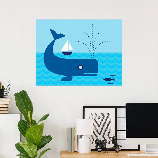 Walvis en zeilboot Oceaan Blauw Zee Nautical Poster