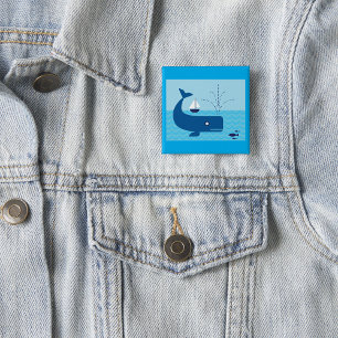 Walvis en zeilboot Oceaans blauw zee Vierkante Button 5,1 Cm