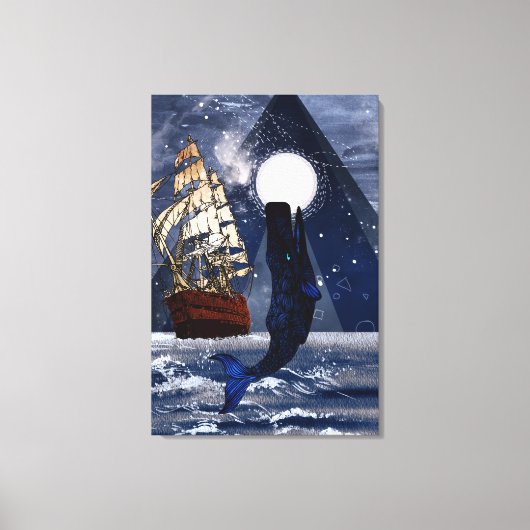 Walvis en zeilt op een volle maan nacht canvas afdruk (Voorkant)