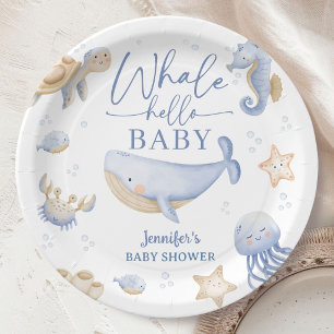 Walvis Hallo Baby Shower Jongen Blauwe Oceaan Papieren Bordje