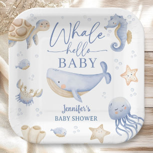 Walvis Hallo Baby Shower Jongen Blauwe Oceaan Papieren Bordje