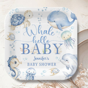 Walvis Hallo Baby Shower Jongen Blauwe Oceaan Papieren Bordje