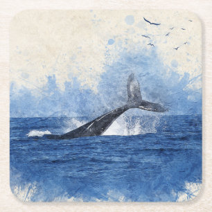Walvis in Zee Vogels in Afstand Art Decor Gift Kartonnen Onderzetters
