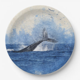 Walvis in Zee Vogels in Afstand Art Decor Gift Papieren Bordje