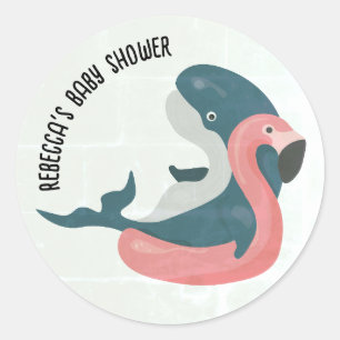 Walvis in zwembad baby shower ronde sticker