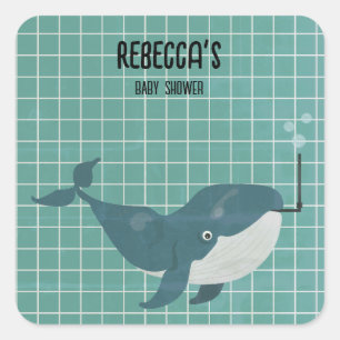 Walvis in zwembad baby shower vierkante sticker