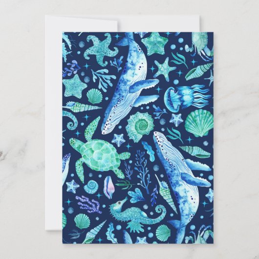 Walvis, koraal en zeeschelpen onder het Zee blauw Kaart (Achterkant)