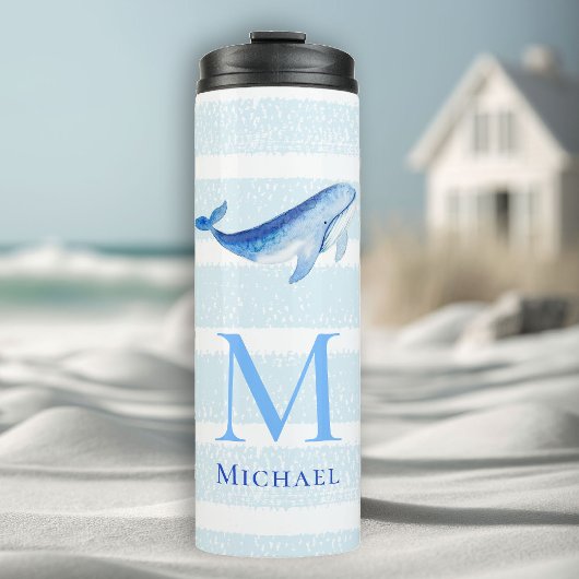 Walvis Monogram Strand Nautische Streep Waterverf Thermosbeker