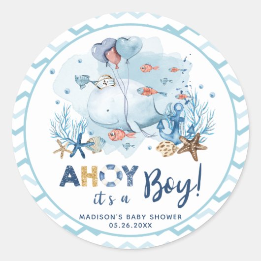 Walvis Na Boys Baby Shower Bedank Favor Ronde Sticker (Voorkant)