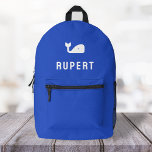 Walvis naam Monogram Modern Minimaal Royal Blue Bedrukte Rugzak<br><div class="desc">Een ontwerp op maat op een koningsblauwe achtergrond met een wit walvismotief dat gemakkelijk kan worden vervangen door het uploaden van uw eigen logo,  afbeelding of motief! De gepersonaliseerde monogramnaam in witte moderne bloktypografie kan worden vervangen door uw eigen naam of aangepaste tekst. Het perfecte cadeau of accessoire!</div>