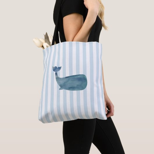 Walvis Nautical Blauwe Streep Strand Vibes Tote Bag (Dichtbij)