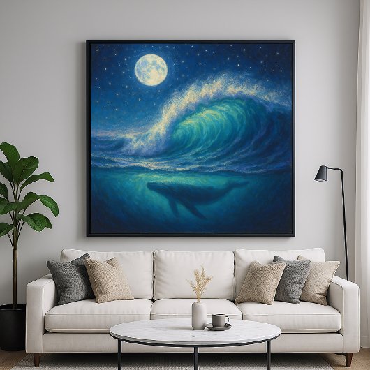 Walvis onder maanverlichte golf - Pastel schilders Poster