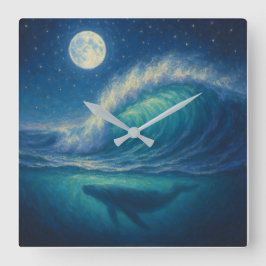 Walvis onder maanverlichte golf - Pastel schilders Vierkante Klok