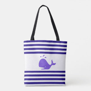 Walvis op blauw en wit gestreept tote bag