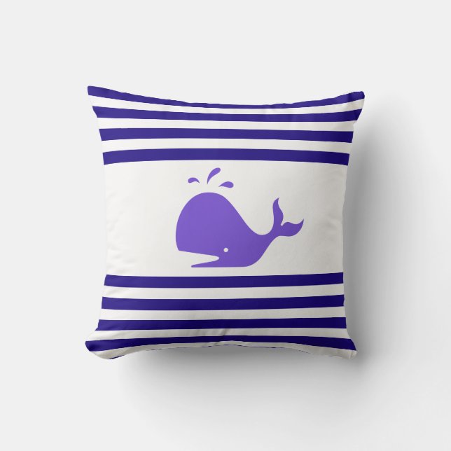 Walvis op de Nautical Navy Blue en White Striped Kussen (Voorkant)