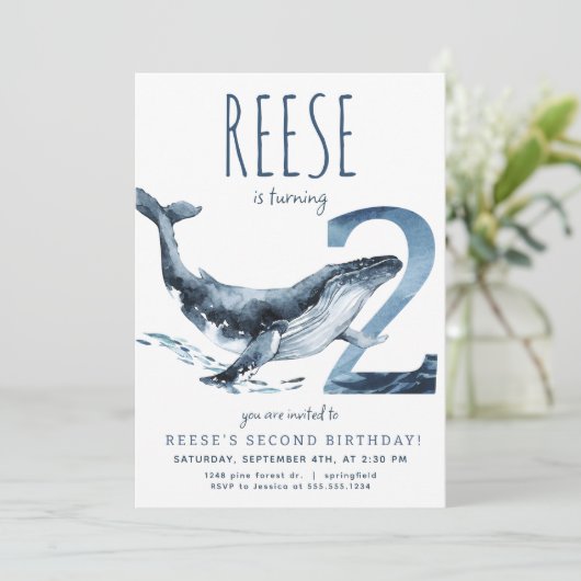 Walvis tweede verjaardag uitnodiging (Staand voorkant)