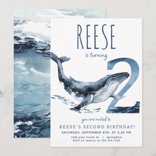 Walvis tweede verjaardag uitnodiging (Voorkant / Achterkant)
