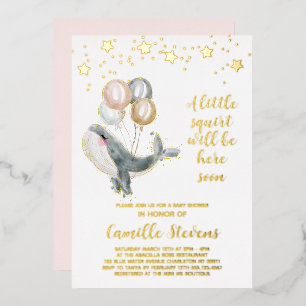 Walvis watercolor baby shower meisje folie uitnodiging