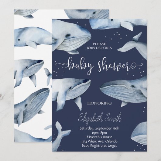 Walvis Waterverf Zwart Baby shower Invite Kaart (Voorkant / Achterkant)