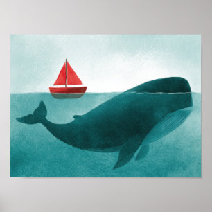 Walvis & Zeilboot – Minimale Oceaan Kunst Poster