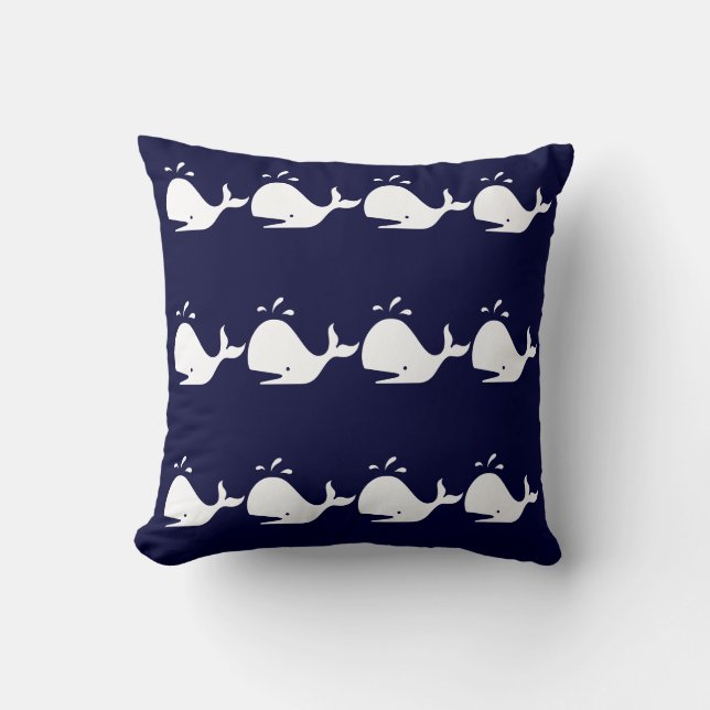 Walvisafbijten WHITE op NAVY BLUE PILLOW Kussen (Voorkant)