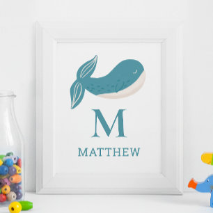 Walvisdier. Kwekerij Baby Boy nautisch monogram Poster