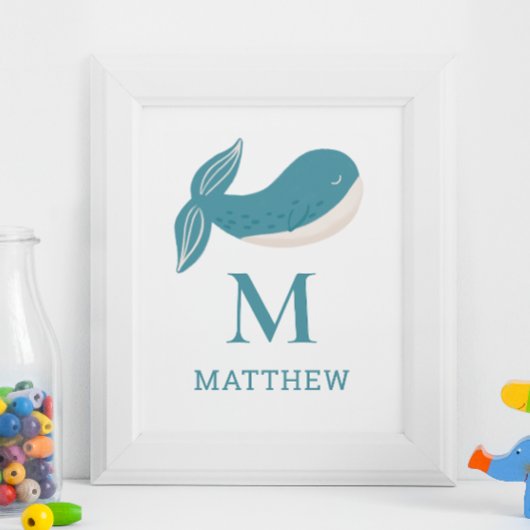 Walvisdier. Kwekerij Baby Boy nautisch monogram Poster
