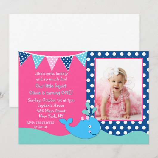 Walvisfoto verjaardagsfeestje uitnodigingen meisje (Voorkant / Achterkant)