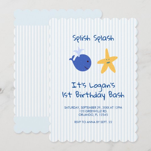 Walviskreeften Nautical First Birthday Invitation Kaart (Voorkant / Achterkant)