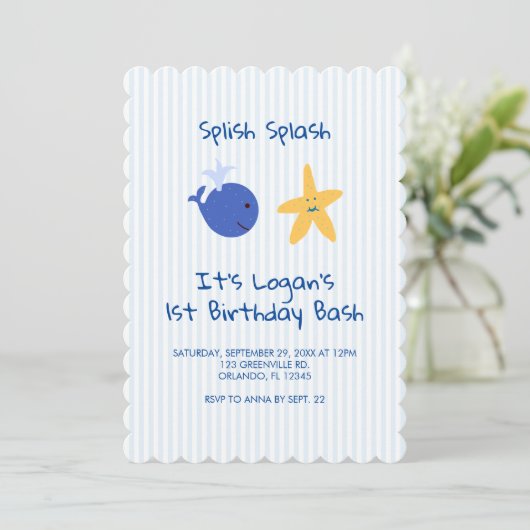 Walviskreeften Nautical First Birthday Invitation Kaart (Staand voorkant)
