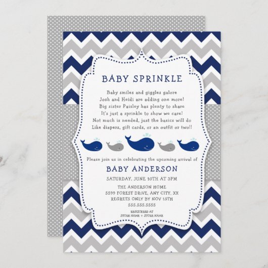 Walvissen Navy Grey baby bestrooi uitnodiging (Voorkant / Achterkant)