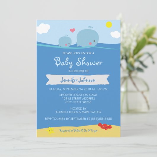 Walvissen onder het Zee Baby shower / Sprinkle Inv Kaart (Staand voorkant)