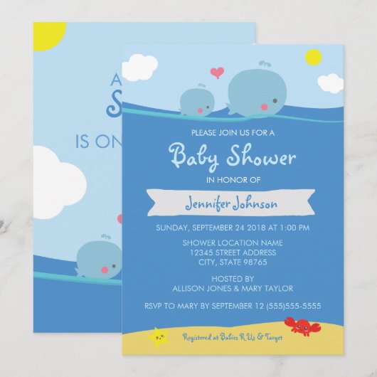 Walvissen onder het Zee Baby shower / Sprinkle Inv Kaart (Voorkant / Achterkant)