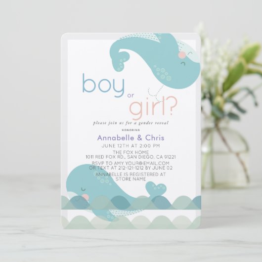 Walvissen op Waves Gender Reopenbaart uitnodiging (Staand voorkant)