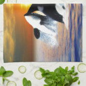 Walvissen tegen zonsondergang theedoek (Gevouwen)