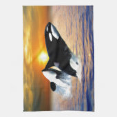 Walvissen tegen zonsondergang theedoek (Verticaal)