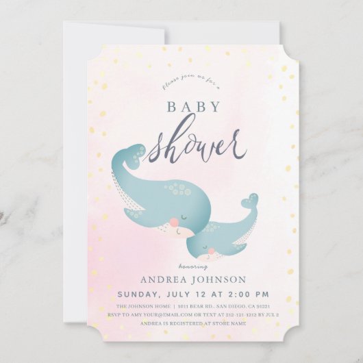 Walvissen Waterverf Roze Meisje Baby shower Kaart (Voorkant)