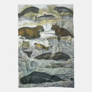 Walvissen, zeehonden en walrussen, antieke zeezoog theedoek