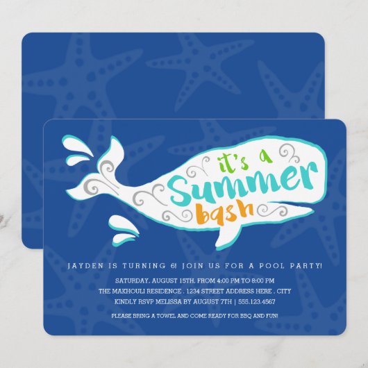 walvissplash | Uitnodiging voor verjaardagsfeestje (Voorkant / Achterkant)