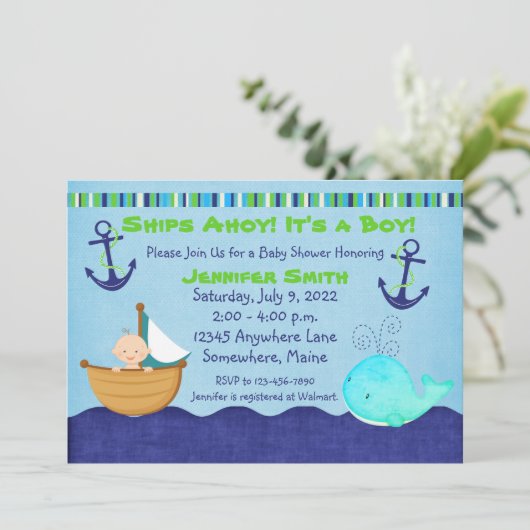 Walviszeilboot Nautische Baby Shower Uitnodigingen (Staand voorkant)