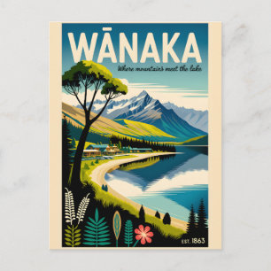 Wānaka Nieuw-Zeeland Retro Reisposter Kunst Feestdagenkaart